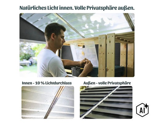 Ein Mann arbeitet in einem Gartenhaus mit lichtdurchlässigem Dach, das natürliches Licht einlässt und von außen volle Privatsphäre bietet. (Image AI modified or generated)