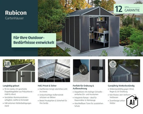 Gartenhaus Rubicon mit Polycarbonat Doppelstegplatten und Aluminiumrahmen, inklusive Detailansichten zu Konstruktion, Lichtverhältnissen und Tür. (Image AI modified or generated)