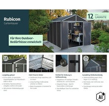 Gartenhaus Rubicon mit Polycarbonat Doppelstegplatten und Aluminiumrahmen, inklusive Detailansichten zu Konstruktion, Lichtverhältnissen und Tür. (Image AI modified or generated)