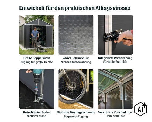 Übersicht der Ausstattungsmerkmale eines Metallgerätehauses für den Garten mit Doppeltüren, rutschfestem Boden und stabiler Konstruktion. (Image AI modified or generated)