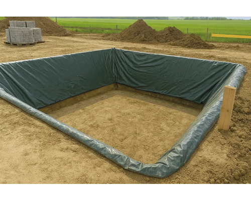 Eine quadratische Baugrube, die mit einer dunkelgrünen PE-Folie ausgekleidet ist, auf einer Baustelle mit Erdhaufen im Hintergrund.