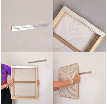 Montageanleitung für ein Bilderhängesystem mit Aluminiumprofilen zur Wandbefestigung eines Bilderrahmens.