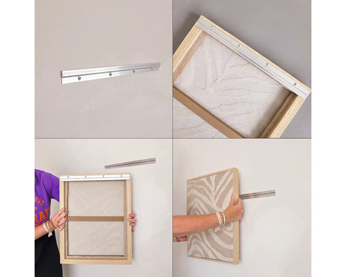 Montageanleitung für ein Bilderhängesystem mit Aluminiumprofilen zur Wandbefestigung eines Bilderrahmens.