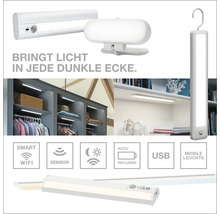 Verschiedene LED-Leuchten mit Akku, Bewegungssensor und WLAN für Schrank- und Regalbeleuchtung, inklusive USB-Ladefunktion.