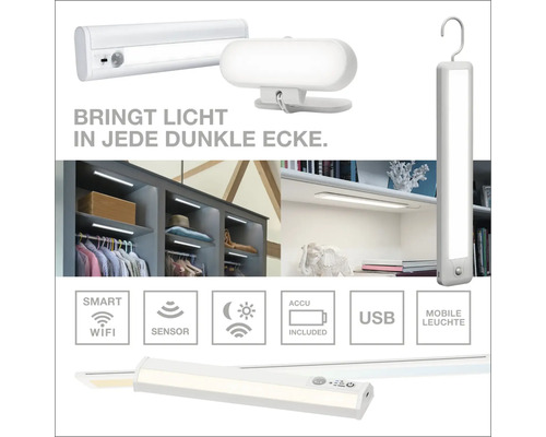 Verschiedene LED-Leuchten mit Akku, Bewegungssensor und WLAN für Schrank- und Regalbeleuchtung, inklusive USB-Ladefunktion.