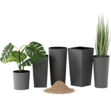 Set aus anthrazitfarbenen Pflanztöpfen in verschiedenen Größen und Formen, darunter runde und eckige Modelle mit glatter, gerillter oder Rattan-Optik.