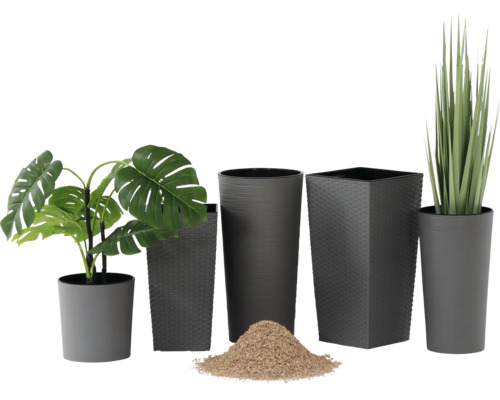 Set aus anthrazitfarbenen Pflanztöpfen in verschiedenen Größen und Formen, darunter runde und eckige Modelle mit glatter, gerillter oder Rattan-Optik.