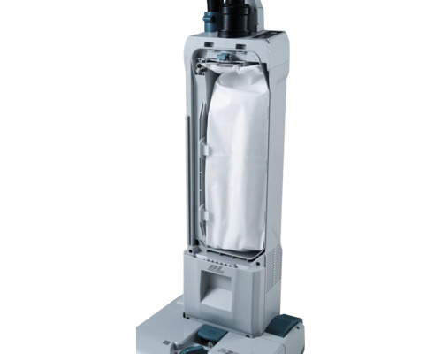 Makita Akku-Staubsauger mit offenem Staubbeutelfach und eingesetztem weißen Vliesfilterbeutel.