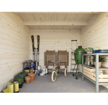 Innenansicht eines hellen, organisierten Gartenhauses aus Holz mit Freizeit- und Gartengeräten wie Grill, Skier und Regalen.