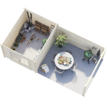 Draufsicht auf ein Gartenhaus aus Holz mit zwei Bereichen: einem Stauraum für Werkzeuge und einem überdachten Terrassenbereich mit Sitzgruppe.