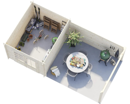 Draufsicht auf ein hölzernes Gartenhaus mit einem Abstellraum und einer Terrasse inklusive Sitzgruppe und Grill.