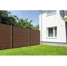 Moderner Sichtschutzzaun in Holzoptik aus Verbundwerkstoff im Garten neben einer weißen Hauswand.