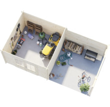 3D-Draufsicht eines hölzernen Gartenhauses mit zwei Räumen, eingerichtet mit Rasentraktor, Gartengeräten, Grill, Kaminholz und Fahrrad.