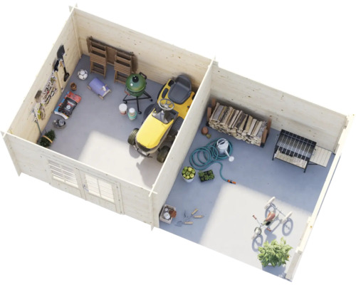 3D-Draufsicht eines hölzernen Gartenhauses mit zwei Räumen, eingerichtet mit Rasentraktor, Gartengeräten, Grill, Kaminholz und Fahrrad.