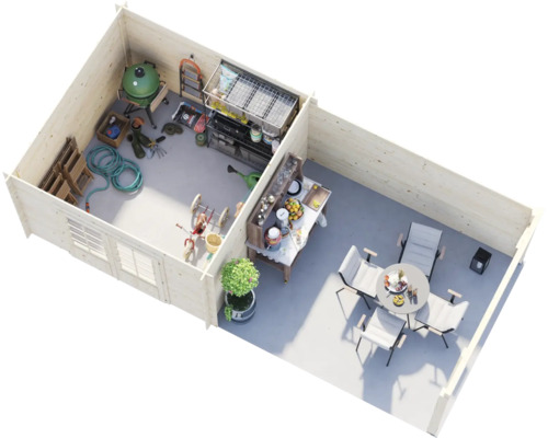 3D-Draufsicht eines Gartenhauses aus Holz mit zwei Bereichen: einem Geräteschuppen mit Werkzeugen und einer Terrasse mit Sitzgruppe.