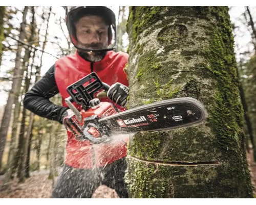 Person beim Sägen eines Baumstamms im Wald mit einer Einhell Akku-Kettensäge, Schwertlänge 35 Zentimeter.