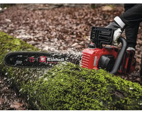Einhell Kettensäge sägt einen moosbedeckten Baumstamm im Wald, Sägespäne fliegen, 35 Zentimeter Schwertlänge.
