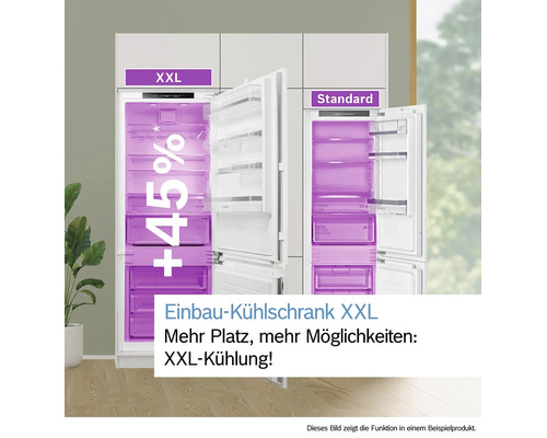 Vergleich zwischen einem Bosch Einbaukühlschrank XXL und einem Standardmodell, zur Darstellung des vergrößerten Innenraumvolumens.