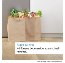 Zwei Papiertüten gefüllt mit frischen Lebensmitteln vor einem Kühlschrank, illustriert die Superkühlen Funktion.