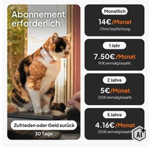 Infografik zu den Abonnement-Preisen für den Katzen-GPS-Tracker mit verschiedenen Laufzeiten und einer 30-Tage-Geld-zurück-Garantie. (Image AI modified or generated)