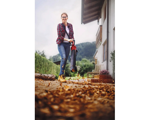 Eine Frau benutzt einen Laubsauger und Laubbläser, um Herbstlaub von einem gepflasterten Weg vor einem Haus zu entfernen.