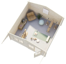 Draufsicht auf ein hölzernes Gartenhaus, eingerichtet als privates Fitnessstudio mit Yogaausrüstung, Hantelbank und Heimtrainer.