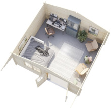 Draufsicht auf ein Blockhaus mit Inneneinrichtung, bestehend aus einem Schlafbereich, einem Schreibtisch und einem Wohnbereich mit Teppich.