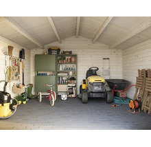 Aufgeräumtes Gartenhaus aus Holz mit Aufbewahrungsschrank, Rasenmähertraktor, Werkzeugen, Kindertretrad und gepflastertem Boden.