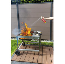 Person löscht Flammen auf einem Holzkohlegrill mit einer Feuerlöschspraydose im Garten vor einem Sichtschutzzaun.