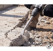 Ein Bauarbeiter benutzt einen elektrischen Meißelhammer, um einen Betonboden aufzubrechen. (Image AI modified or generated)