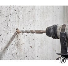 Eine Schlagbohrmaschine bohrt ein Loch in eine Betonwand mit herausspringenden Betonpartikeln. (Image AI modified or generated)