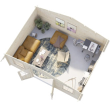 Draufsicht auf ein eingerichtetes Holzgartenhaus mit Lounge-Bereich, Arbeitsplatz und Sitzgelegenheiten in einem modernen Design.