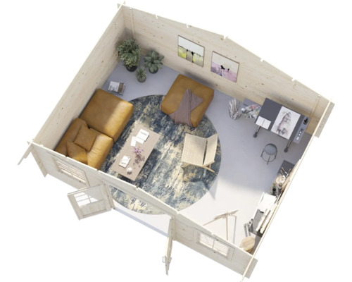 Draufsicht auf ein eingerichtetes Holzgartenhaus mit Lounge-Bereich, Arbeitsplatz und Sitzgelegenheiten in einem modernen Design.