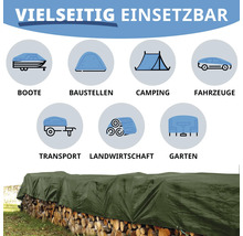 Infografik zur vielseitigen Verwendung einer Gewebeplane für Boote, Baustellen, Camping, Fahrzeuge, Transport, Landwirtschaft und Garten.