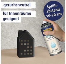 Hand hält eine Sprühdose Belton Aqua Colours zum Lackieren eines dekorativen Hauses, mit Hinweisen zu Geruchsneutralität und Sprühabstand.