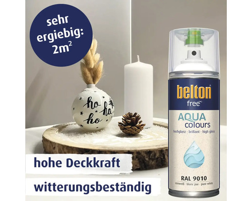 Belton Free Aqua Colours Sprühlack in reinweiß hochglanz RAL 9010 für 2 Quadratmeter mit hoher Deckkraft und Witterungsbeständigkeit