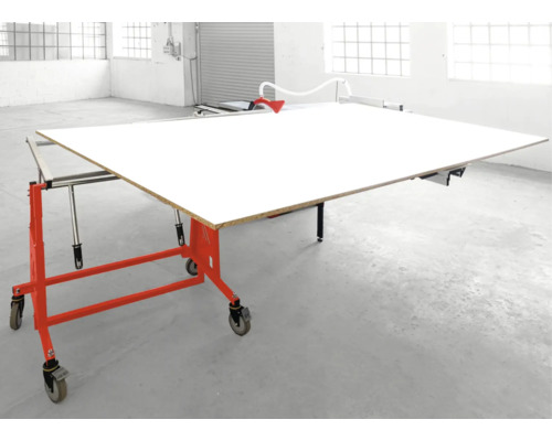 Plattenzuschnittsaege in einer Werkstatt mit grosser Arbeitsflaeche zur Bearbeitung von Holzplatten.