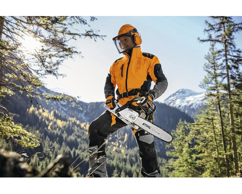 Forstarbeiter mit Stihl Motorsäge und Schutzausrüstung im Wald vor einer Bergkulisse.