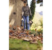 Eine Person verwendet einen Laubbläser, um Herbstlaub vor einem Holzschuppen im Garten zu entfernen.