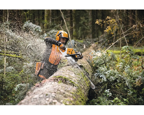 Forstarbeiter verwendet eine Stihl Motorsäge bei der Arbeit an einem liegenden Baumstamm im Wald mit vollständiger Schutzausrüstung.