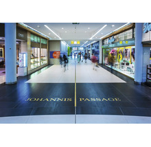 Innenansicht der Johannis Passage mit Ladenfronten und Menschen in einem modernen Einkaufszentrum.