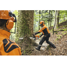 Forstarbeiter mit Schutzkleidung und Stihl Motorsäge bei der Arbeit an einem Baum im Wald.