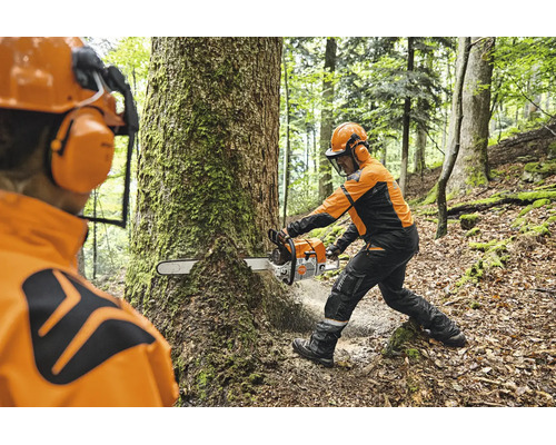 Forstarbeiter mit Schutzkleidung und Stihl Motorsäge bei der Arbeit an einem Baum im Wald.