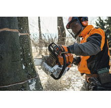 Forstarbeiter beim Sägen eines Baumes mit einer Stihl Motorsäge und vollständiger Schutzausrüstung im Wald.