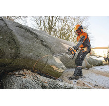 Forstwirt mit Schutzausrüstung bei der Arbeit mit einer Stihl Motorsäge an einem gefällten Baumstamm im Winter.