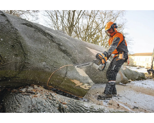 Forstwirt mit Schutzausrüstung bei der Arbeit mit einer Stihl Motorsäge an einem gefällten Baumstamm im Winter.