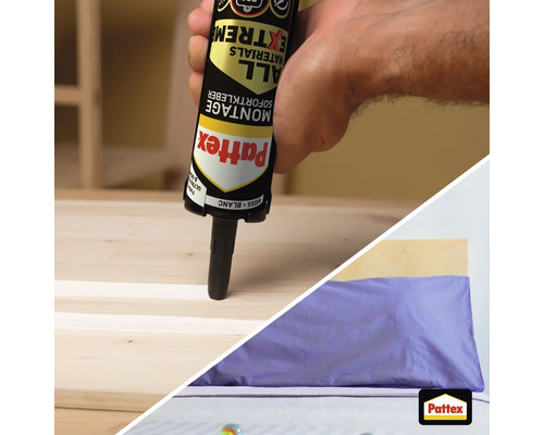 Eine Hand hält eine Pattex Montagekleber Kartusche und trägt Kleber auf eine Holzoberfläche auf mit einem fertigen Möbelstück als Anwendungsbeispiel