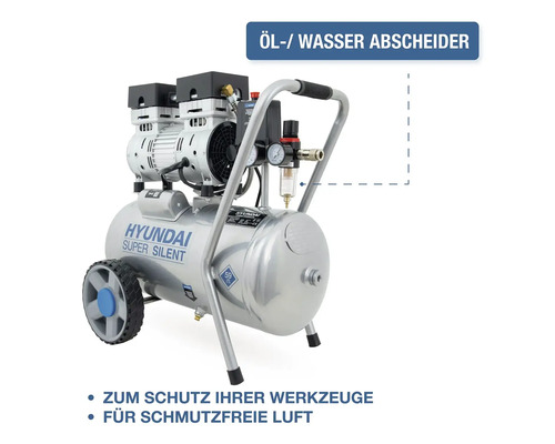 Hyundai Super Silent Kompressor mit Öl- und Wasserabscheider zum Schutz von Werkzeugen und für saubere Druckluft.