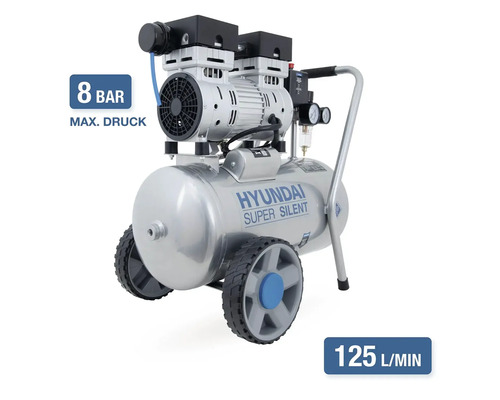 Hyundai Super Silent Kompressor mit 8 Bar maximalem Druck und 125 Liter pro Minute Ansaugleistung.