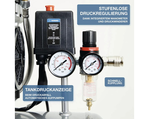 Druckminderer und Manometer eines Kompressors mit Schnellkupplung zur stufenlosen Druckregulierung und Tankdruckanzeige.